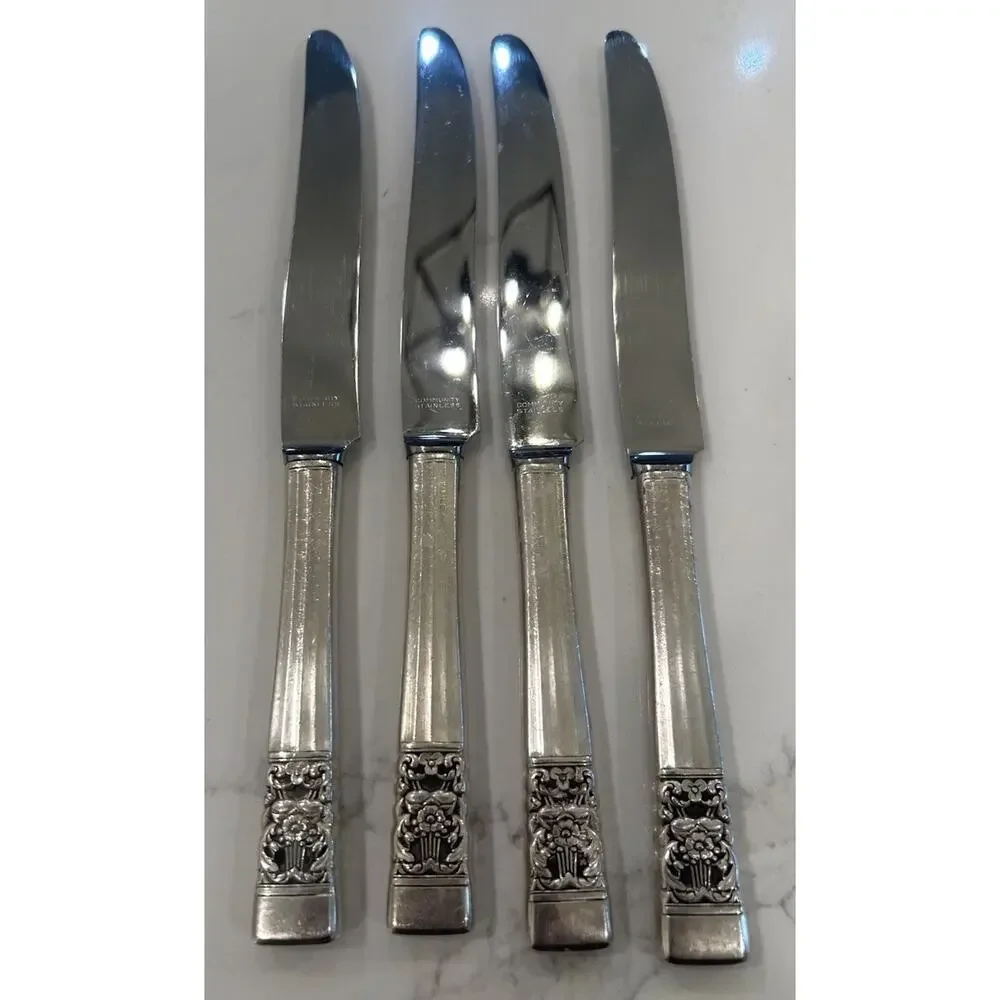 Vtg Set‎ Of 4 Oneida Community CORONATION 9.5” Dinner Knives Silverplate 1936